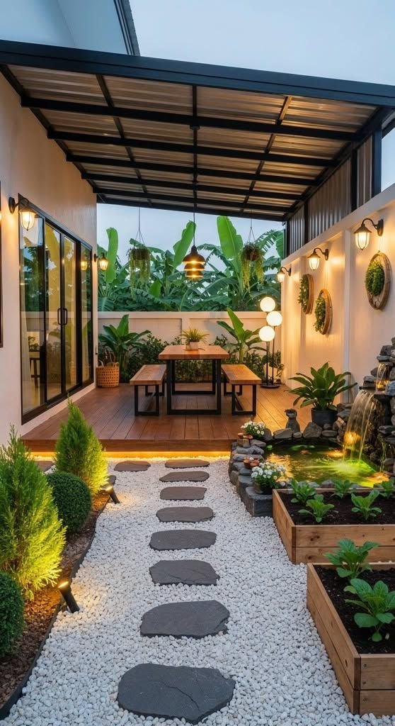 Terraza cubierta con comedor exterior y jardín zen