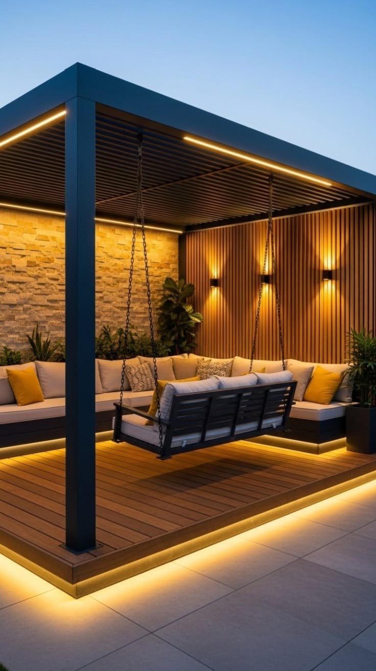 Pérgola moderna con iluminación LED y deck de madera