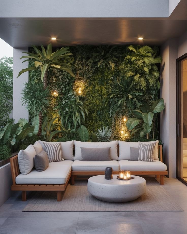 Terraza con muro verde tropical y sofá seccional