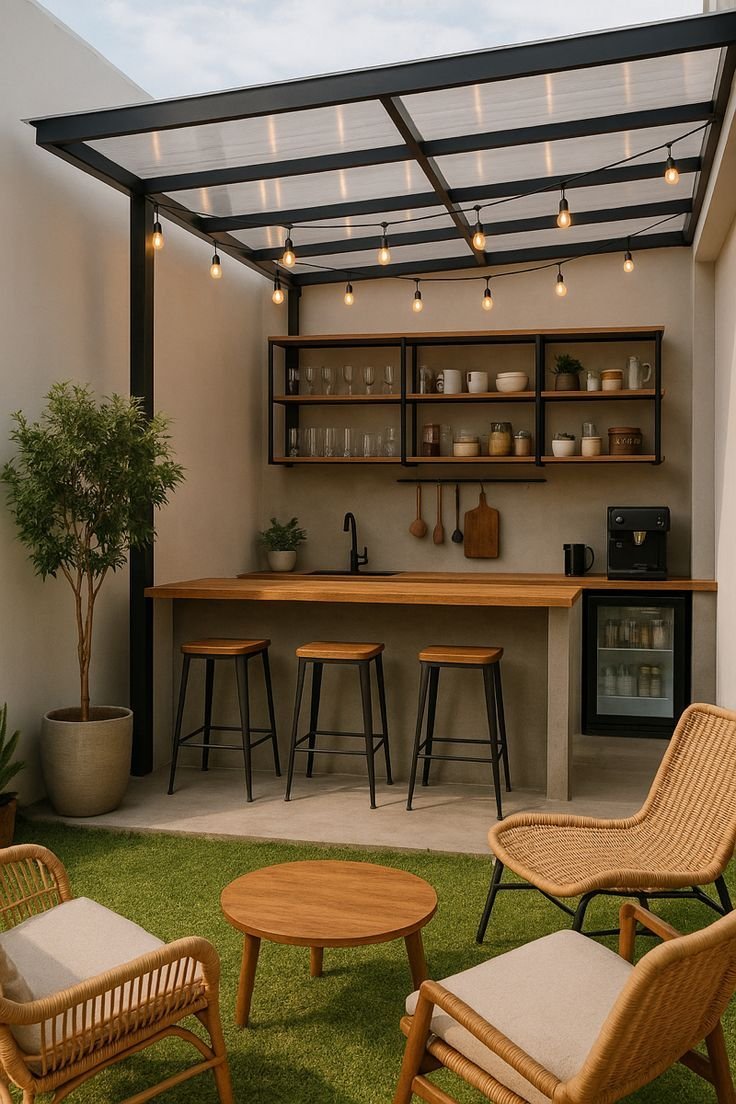 Terraza bar con pergola y luminarias Edison